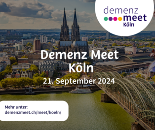 Vor einem Foto von Köln ist die Ankündigung zu lesen: Demenz Meet am 21. September 2024.